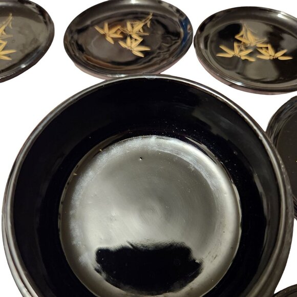 Vintage Japanese Lacquerware Coaster Set With Bamboo & Mother of Pearl Inlay - Picture 7 of 9